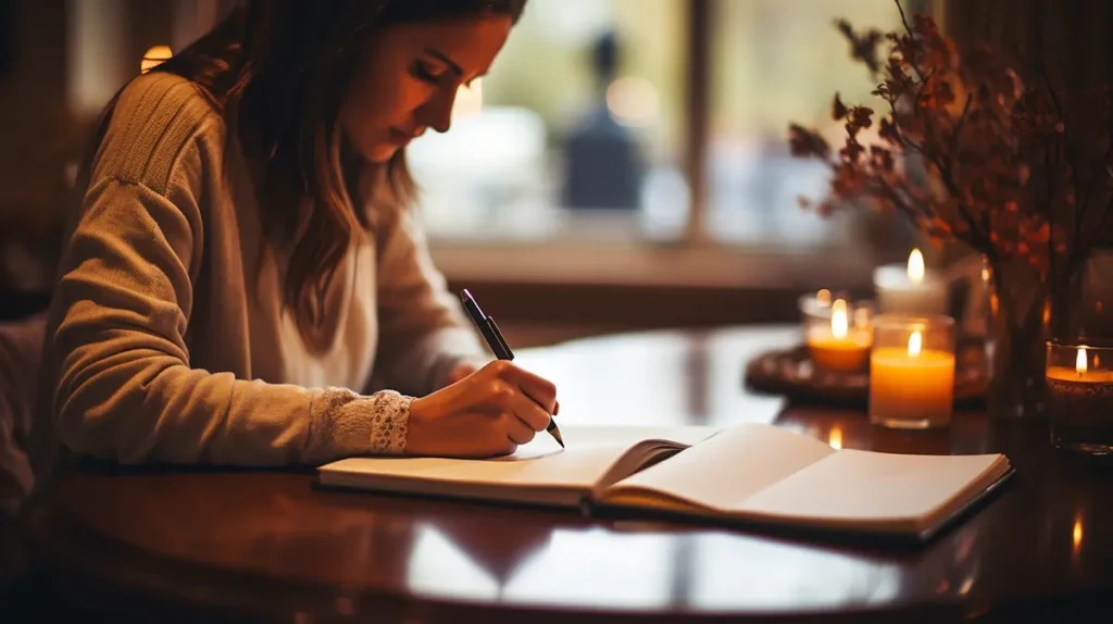 A woman writing in a journal by candlelight, reflecting on love and self-discovery with the I Ching, asking Does he love me? Does she love me?