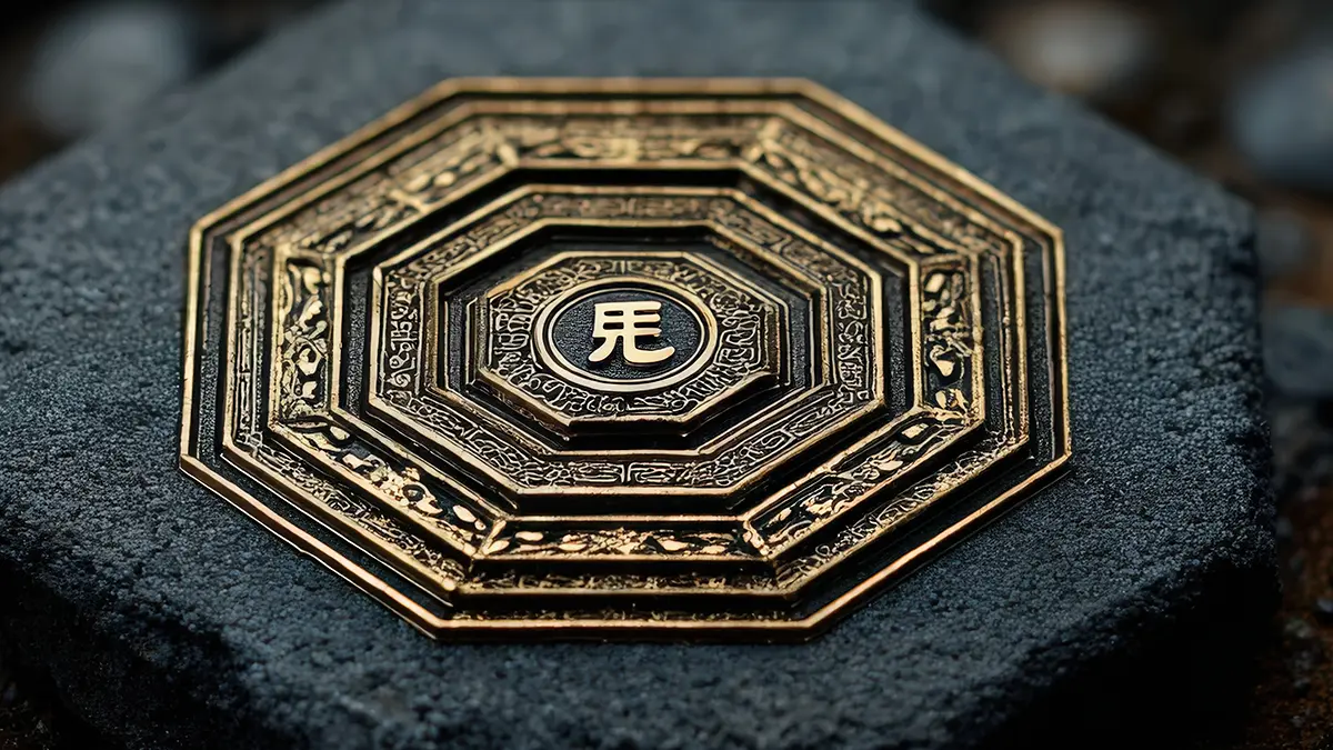 Ancient bronze bagua octagon with Chinese characters and trigram symbols — representing the foundational structure used in translating the I Ching